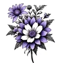 violet, honeysuckle, Aster, Cosmos, Narcissus flower outline tattoo design idea