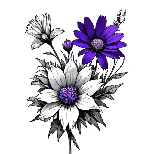 violet, honeysuckle, Aster, Cosmos, Narcissus flower outline tattoo design idea