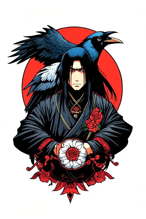Itachi Uchiha sharigan with crow tattoo design idea