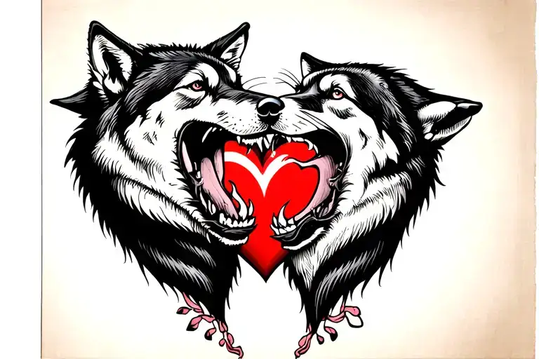two wolves biting into a heart tattoo design idea