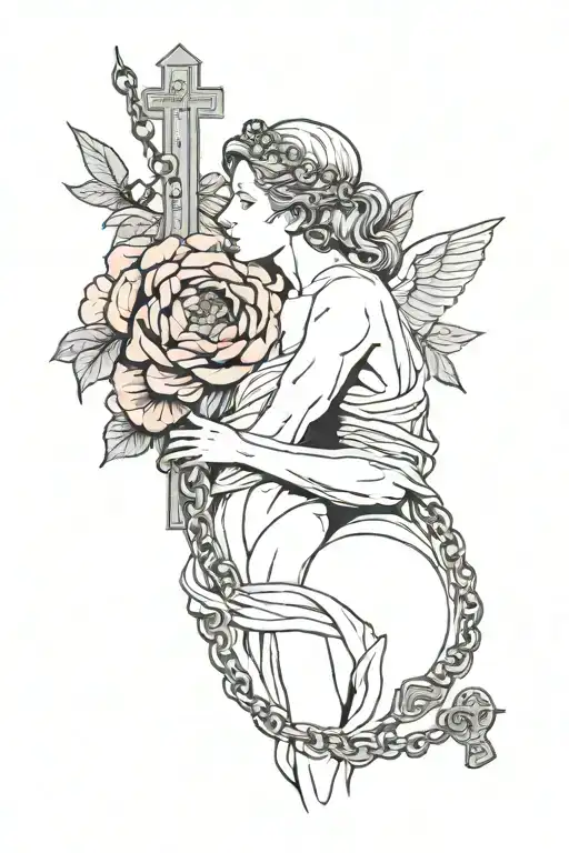 Eros and Psyche kissing statue with red peonies wrapped around and a rosary with a cross  tattoo design idea