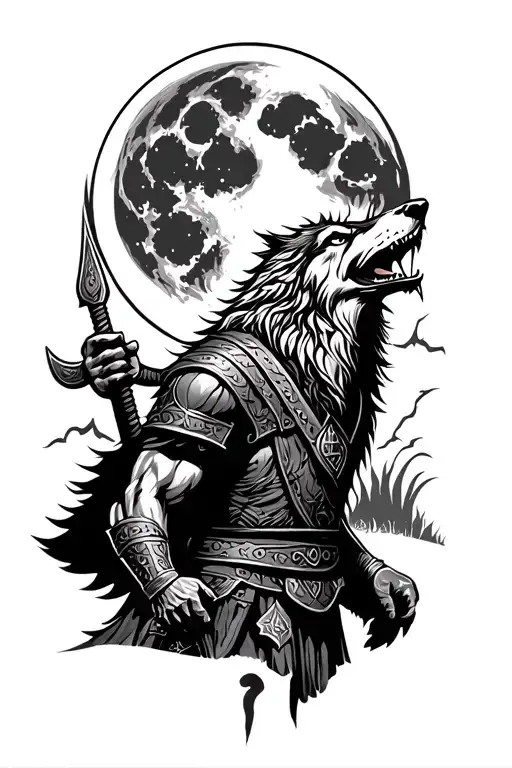 viking warrior using a wolf howling at the moon tattoo design idea