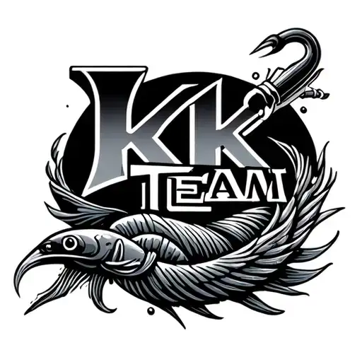 "KK Team" logowith sea wawes and fishing hook tattoo design idea