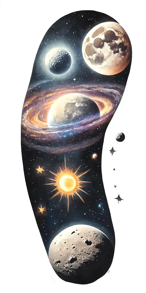 Space, galaxies, planet, moon, asteroid, sun, stars tattoo design idea