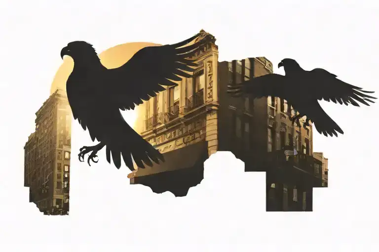 in full color, a street scene of Harlem''s Apollo Theatre in the golden hour with a hawk flying in front of the sun tattoo design idea