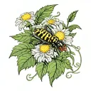 a yellow chrysanthemum background beside view of a black widow spider ivy leaves running through the flowers and a pill  tattoo design idea