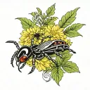 a yellow chrysanthemum background beside view of a black widow spider ivy leaves running through the flowers and a pill  tattoo design idea