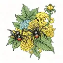 a yellow chrysanthemum background beside view of a black widow spider ivy leaves running through the flowers and a pill  tattoo design idea