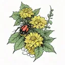 a yellow chrysanthemum background beside view of a black widow spider ivy leaves running through the flowers and a pill  tattoo design idea