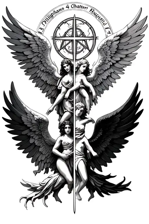 Arch Angel Sigils of Uriel, Michael, Raphael, and Raquael with Philippians chapter 4 intertwining them tattoo design idea