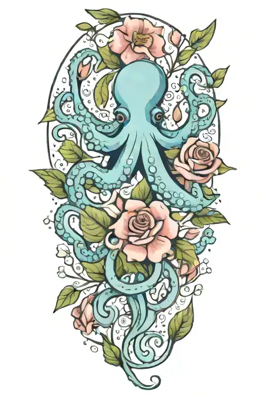 octopus, snowdrop, rose, cosmos flower bouquet tattoo design idea