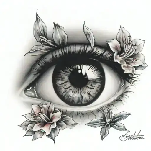 realistic eye with an azalea flower as the pupil tattoo design idea