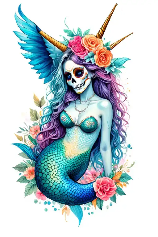 mermaid, unicorn, sugar skull, fantasy scene tattoo design idea
