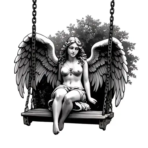 angel sitting on swing set of tree tattoo design idea