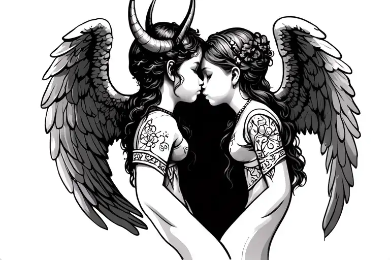 two kissing clild angels with horns kid and girl tattoo design idea