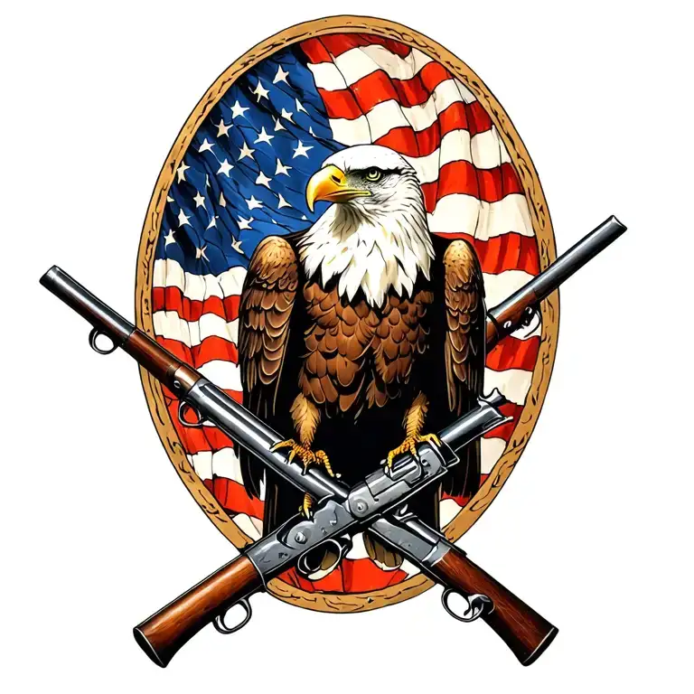 Bald Eagle perched on 2 old muskets crossed like an X with an American flag waving in the background. tattoo design idea