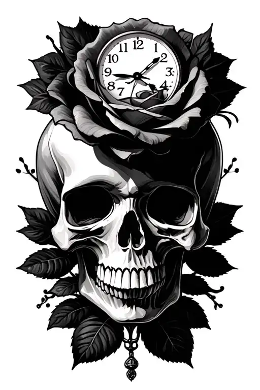 skull rose clock girlie skull surrounded tattoo design idea
