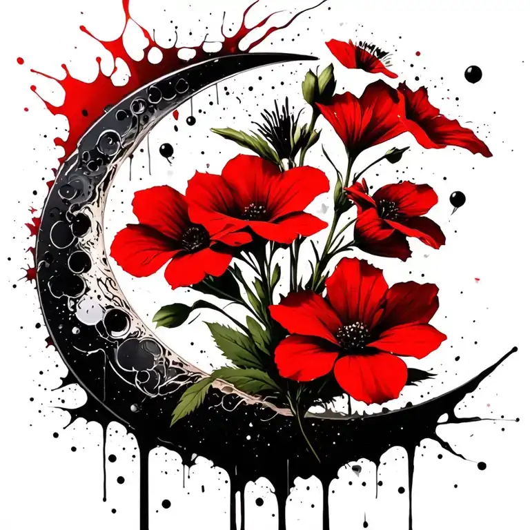 evening primrose, campanula, and balsam in the shape of a crescent moon tattoo design idea