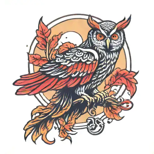night owl with red phoenix wings logo tattoo design idea