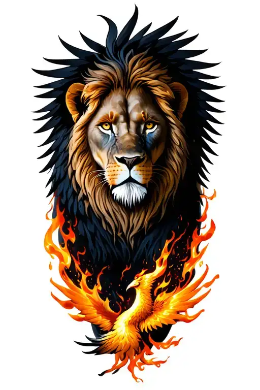 forearm sleeve tattoo horizontal layout, realistic lion portrait with phoenix rising above, fire wings spread, flames an tattoo design idea
