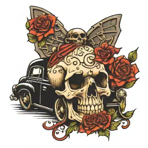 car, skull, life and death, love and hate, sex tattoo design idea