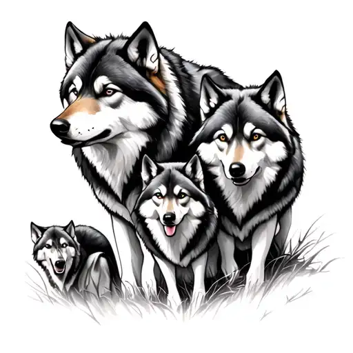Draft me a minimalist tattoo for a family of 4 mom Dad and 2 daughters depicting a wolf pack tattoo design idea