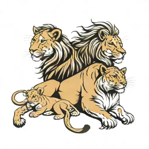 female lion with two cubs playing tattoo design idea