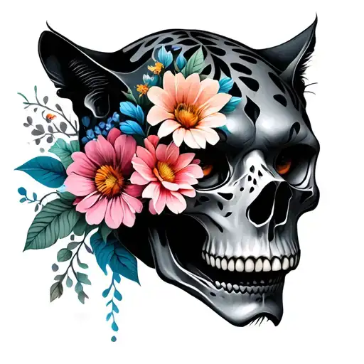 half black panther face half panther skull with flowers for eye socket tattoo design idea