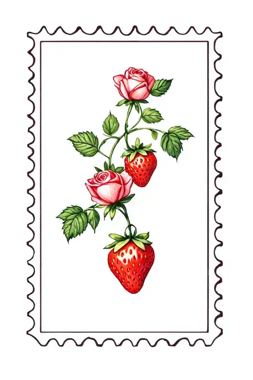 postage stamp with strawberries and roses tattoo design idea