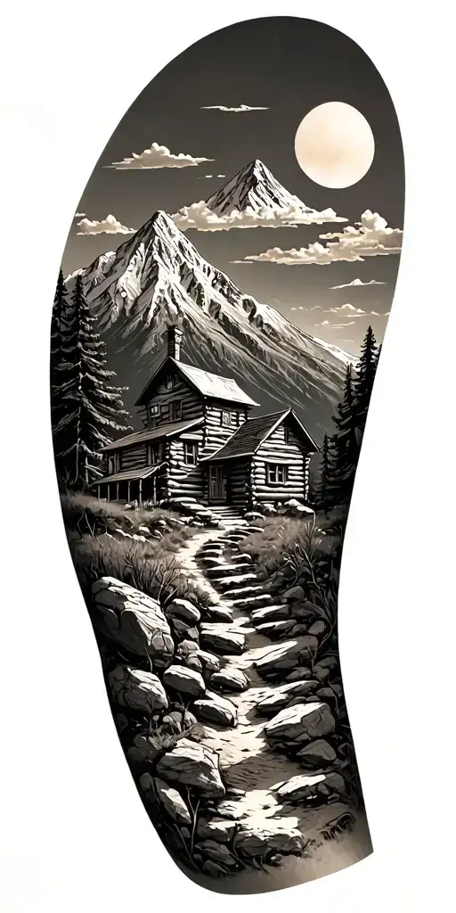 A mountain trail, with a log cabin in the mountains and a sunny sky tattoo design idea