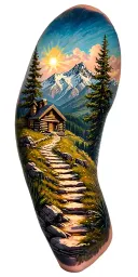 A mountain trail, with a log cabin in the mountains and a sunny sky tattoo design idea