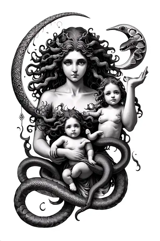 Medusa holding a baby Medusa in a tarot style, holding a crescent moon in her other hand with snakes wrapping around arm tattoo design idea