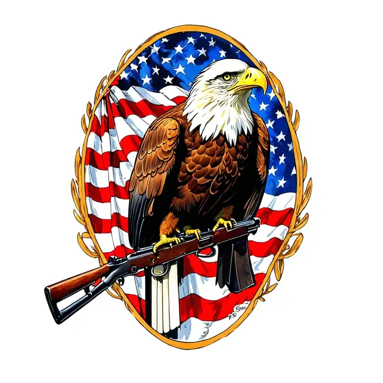 A patriotic bald eagle perched on a rifle with an American flag in the background tattoo design idea