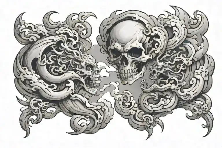 fire hell on left and cloud heaven on right tattoo design idea