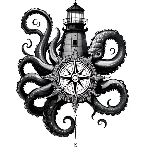 kraken ship compass lighthouse Poseidon tattoo design idea