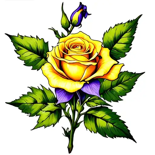 long-stemmed yellow rose with purple iris flower tattoo design idea