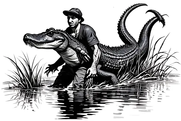 guy carrying alligator out the water in the swamp tattoo design idea