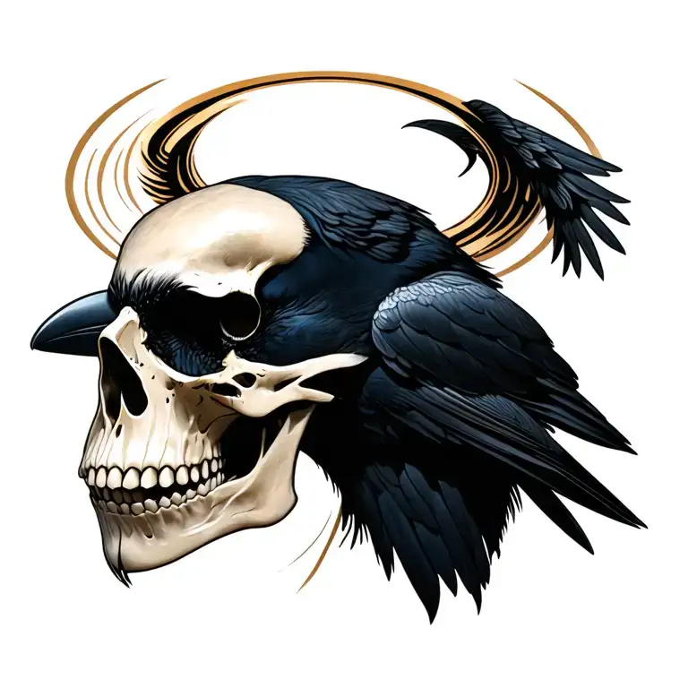 peaceful black crow skull halo tattoo design idea