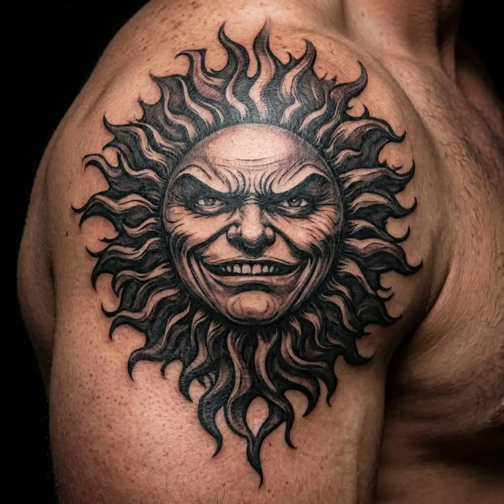 sinister smirking sun tattoo with eyebrow raised tattoo design idea