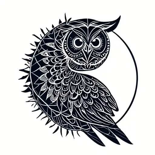 geometric majestic owl yin yang shadow and color tattoo design idea