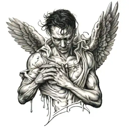 I want a fallen angel who gets caught by a celestial hand while he is in tears and suffering tattoo design idea