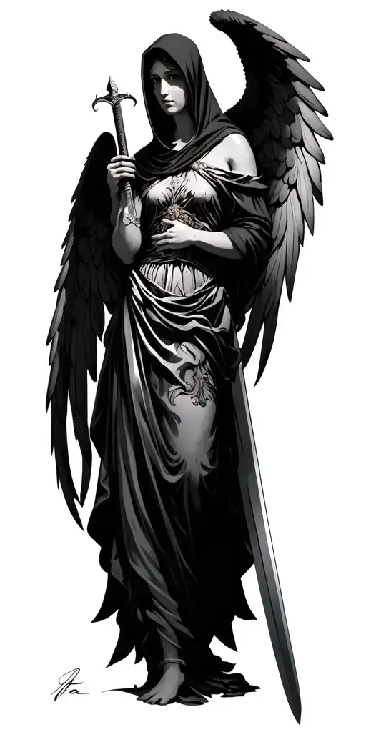 hooded angel holding a sword tattoo design idea