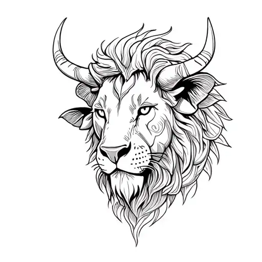 Head lion with bull frontal view, oriental mandala tattoo design idea