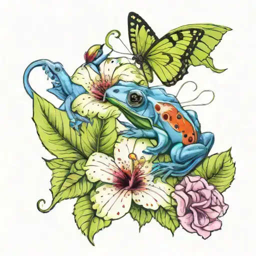IMAGINE A TATOO FOR ARM WITH Enki bilal style: hibiscus + costarican blue butterfly and green poisonous dart frog tattoo design idea