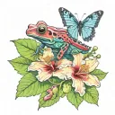 IMAGINE A TATOO FOR ARM WITH Enki bilal style: hibiscus + costarican blue butterfly and green poisonous dart frog tattoo design idea