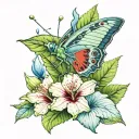 IMAGINE A TATOO FOR ARM WITH Enki bilal style: hibiscus + costarican blue butterfly and green poisonous dart frog tattoo design idea