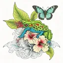 IMAGINE A TATOO FOR ARM WITH Enki bilal style: hibiscus + costarican blue butterfly and green poisonous dart frog tattoo design idea