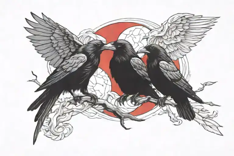2 raven and Red moon, agressive tattoo design idea