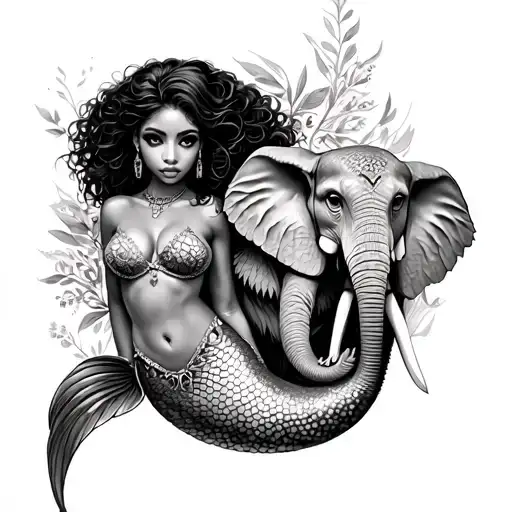 African American Sexy Mermaid with a owl and elephant separate not merge together  tattoo design idea