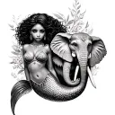 African American Sexy Mermaid with a owl and elephant separate not merge together  tattoo design idea